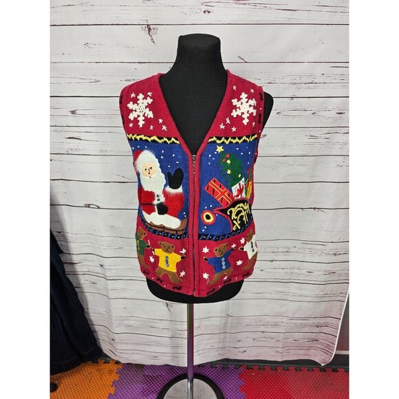 Vintage Christmas Vest Ugly Sweater‎ Santa & Bears Hampshire Studio M Red - Picture 6 of 11